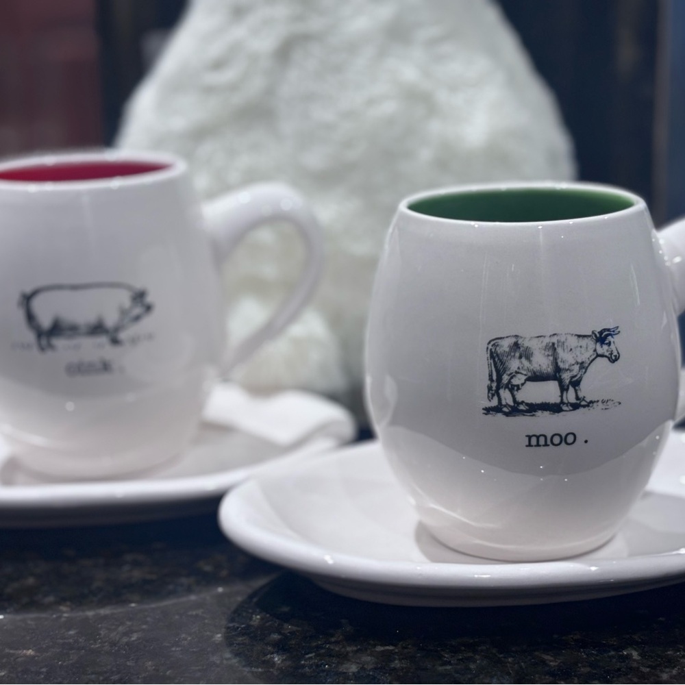 White Ceramic Mug Set with Farm Animal Design